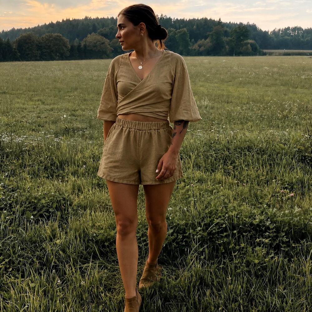 SET Hadas Kolodny Linen & Viscose Maui Wrap Top & Short Two Piece Beige Size 3